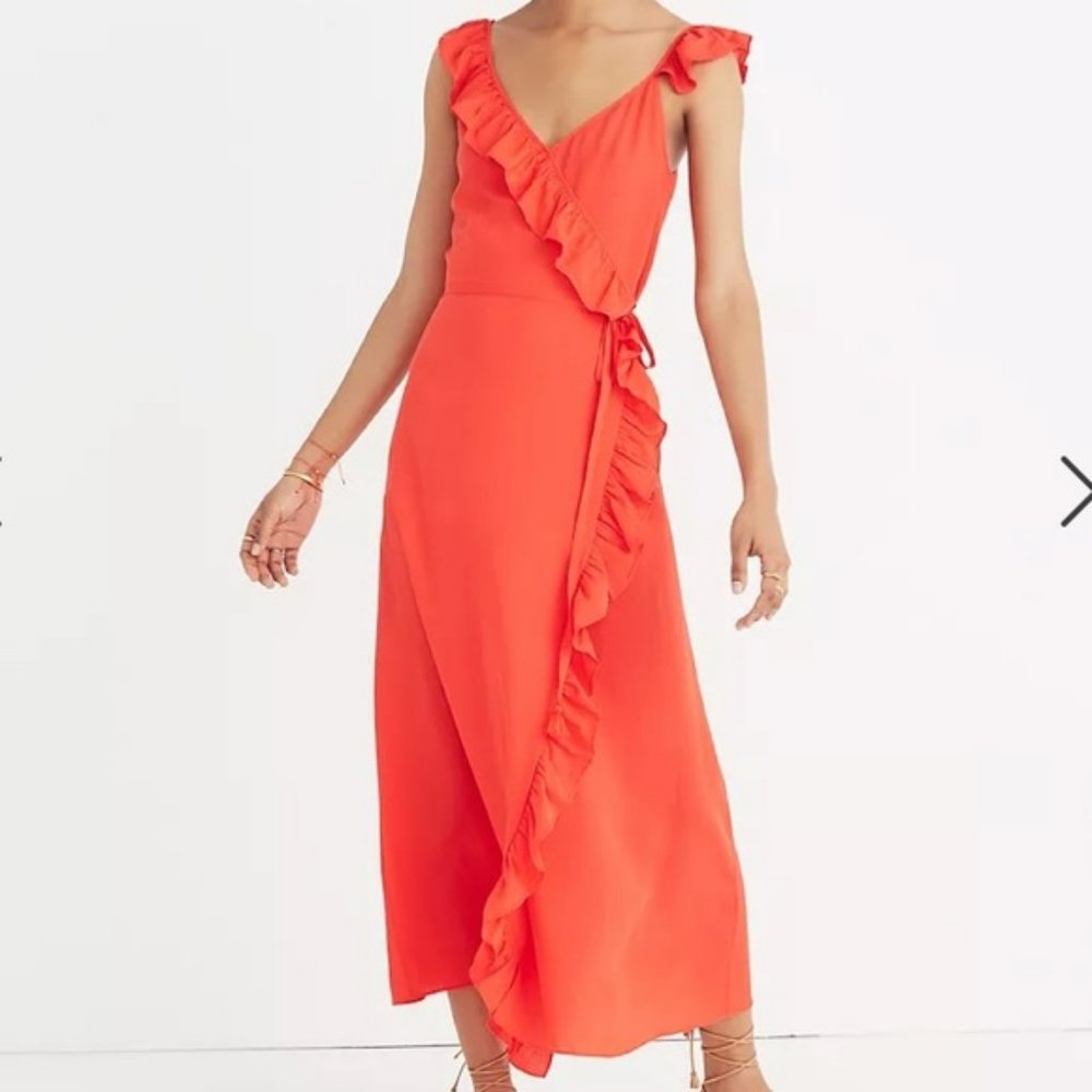 Madewell Ruffle Faux Wrap Red Orange Maxi Dress